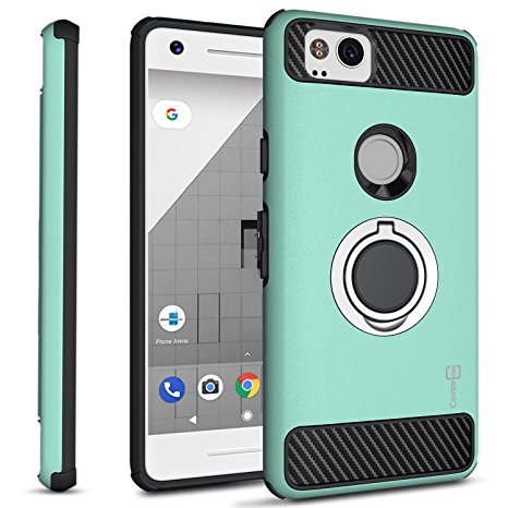 Google Pixel 2 Case with Ring, CoverON RingCase Series Protective Phone Case with Carbon Fiber Accents and Finger Ring Grip - Mint Teal and Black