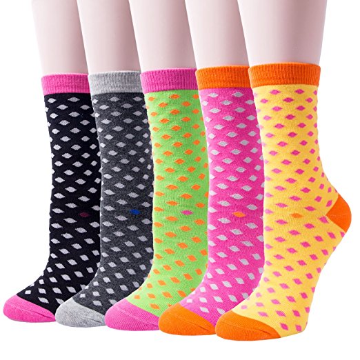 5 Pairs Womens Colorful Fancy Design Soft & Stretchy Novelty Dress Crew Socks