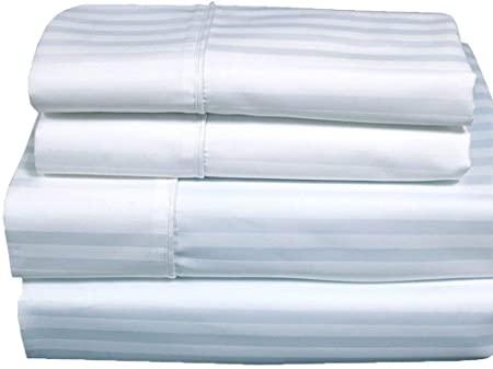 Royal Hotel 650-Thread-Count Bed Sheets - Wrinkle Free Sheets - Deep Pocket, Cotton Blend, Sateen Sheets, Hypoallergenic, 4 Piece - Top Split-King : Adjustable King Size - White, Striped