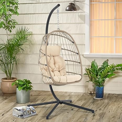 Hanging Egg Swing Chair with Stand and Weather Cover, Foldable for Indoor Outdoor, Wicker Rattan Basket with Cushion for Bedroom, Patio, Porch