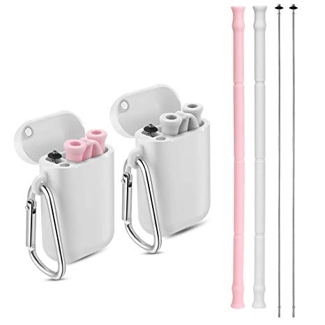 Yoocaa Reusable Silicone Collapsible Straws - 2 Pack Portable Drinking Straw with Carrying Case and Cleaning Brush, BPA Free - Pink & Gray