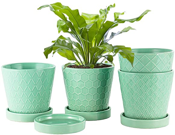 Flower Planter –5”inch Ceramic Plant Pots with Drainage Holes and Ceramic Tray - Gardening Home Desktop Office Windowsill Decoration Gift Set of 4 - Plants NOT Included