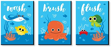 Big Dot of Happiness Under the Sea Critters - Kids Bathroom Rules Wall Art - 7.5 x 10 inches - Set of 3 Signs - Wash, Brush, Flush