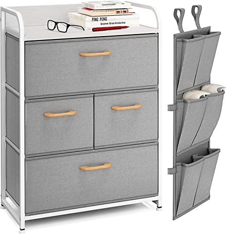 Nestl Fabric Dresser Organizer, 4 Drawer Dresser, Storage Dresser for Closet Storage - Small Dresser for Bedroom, Nursery, & Closet with Shoe Rack, Easy to Pull Wood Handles & Textured Wood Top - Gray