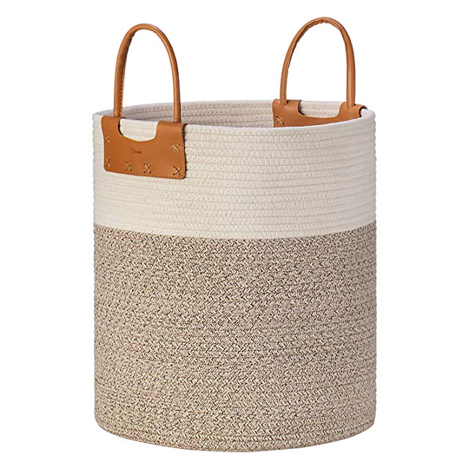 Large Woven Storage Basket, Tall Cotton Rope Baskets for Blankets with Leather Handles, Decorative Clothes Hamper Basket for Living Room, Baby Kids Room Toy Baskets, Use for Sofa Throws Pillow 15x 18”