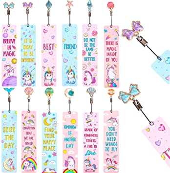 12 Pieces Unicorn and Rainbow Theme Bookmarks with 12 Pieces Metal Charms, Inspirational Quotes Bookmarker Unicorn Page Markers for School Reading Boys Girls Teens and Adults