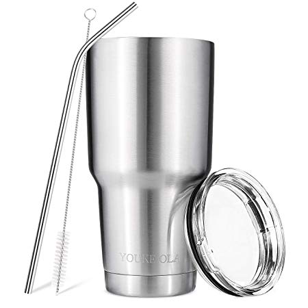 Stainless Steel Tumbler 30oz - Vacuum Insulated Tumbler Coffee Cup Double Wall Large Travel Mug with Lid, Straw, Brush, Gift Box Set (Steel)