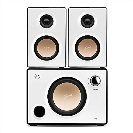 SWANS M10W Bookshelf Speaker and Subwoofer, 2.1 Speaker System RCA/Aux Input, Wooden Active Speakers for Near Field, Pearl White
