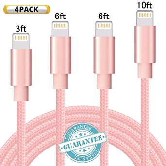DANTENG Lightning Cable 4Pack 3FT 6FT 6FT 10FT Nylon Braided Certified iPhone Cable USB Cord Charging Charger for Apple iPhone 7, 7 Plus, 6, 6s, 6 , 5, 5c, 5s, SE, iPad, iPod Nano, iPod Touch (Pink)