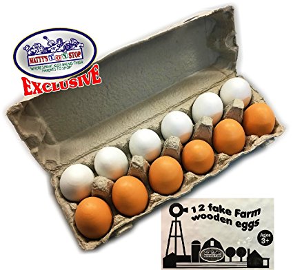 Matty's Toy Stop Deluxe Wooden Eggs (White & Brown) in Real Egg Carton Play Food - 12 Pieces (Dozen)