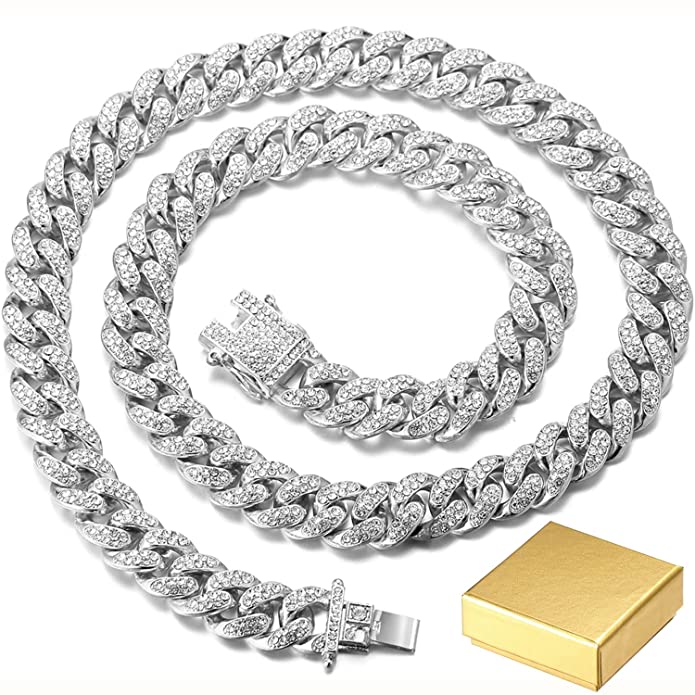Halukakah ● Bling ● Men's 18k Real Gold/Platinum/Gun Black Plated Dense Diamond Set Big Miami Cuban Chain Necklace Bracelet with Free Giftbox