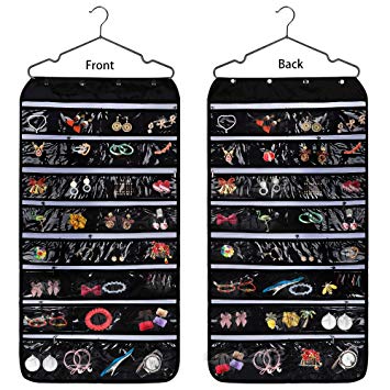 Beaverve Hanging Jewelry Organizer, Double Sided 56 Pockets Jewelry Organizer with Zippered Pockets, Necklace Holder Jewelry Chain Organizer for Earrings Necklace Bracelet Ring with Hanger, Black