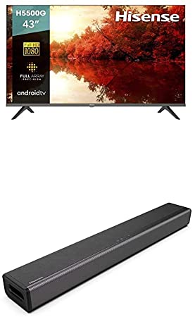 Hisense 43-Inch 43H5500G Full HD Smart Android TV with Voice Remote (2020 Model) and 2.1 Channel Sound Bar Home Theater System with Bluetooth (Model HS214)