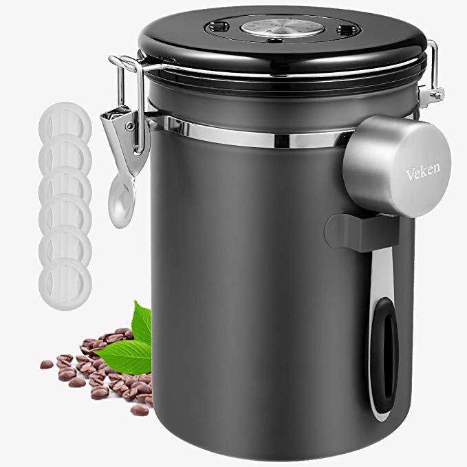 Veken Coffee Canister, Airtight Stainless Steel Kitchen Food Storage Container with Date Tracker and Scoop for Beans, Grounds, Tea, Flour, Cereal, Sugar, 22OZ, Gray