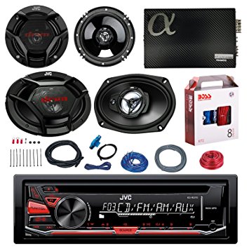 JVC KD-R370 CD/MP3 AM/FM Radio Player Car Receiver Bundle Combo With 2x JVC 300W 6.5" 2-Way Car Audio Speakers   2x 6x9" 3-Way Stereo Speaker   2400 Watt Class A/B Amplifier   Boss 8g Amp Install Kit