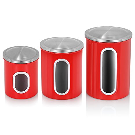 Fortune Candy Set of 3pcs Multi-purpose Kitchen Canister with Fingerprints Resistance Stainless Steel Lid, Bright Red