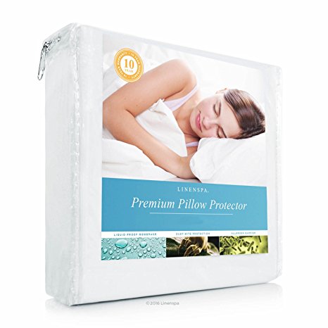 LinenSpa Premium Pillow Protector, 100-Percent Waterproof, Hypoallergenic, Vinyl Free, King Pillow Protector/White