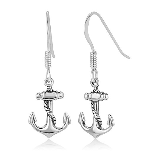 925 Oxidized Sterling Silver Vintage Anchor Navy Sailor Symbol Rope Wheel Dangle Hook Earrings 1.1"