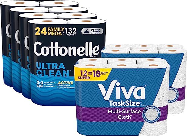 Cottonelle Toilet Paper & Viva Paper Towels Bundle: 24 Cottonelle Ultra Clean Toilet Paper Family Mega Rolls (4 Packs of 6) & 12 Viva Multi-Surface Cloth Paper Towel Super Rolls