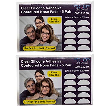 GMS Optical Ultra-Thin Anti-slip Adhesive Contoured Silicone Eyeglass Nose Pads with Super Sticky Backing Clear | 1.3mm,10 Pair