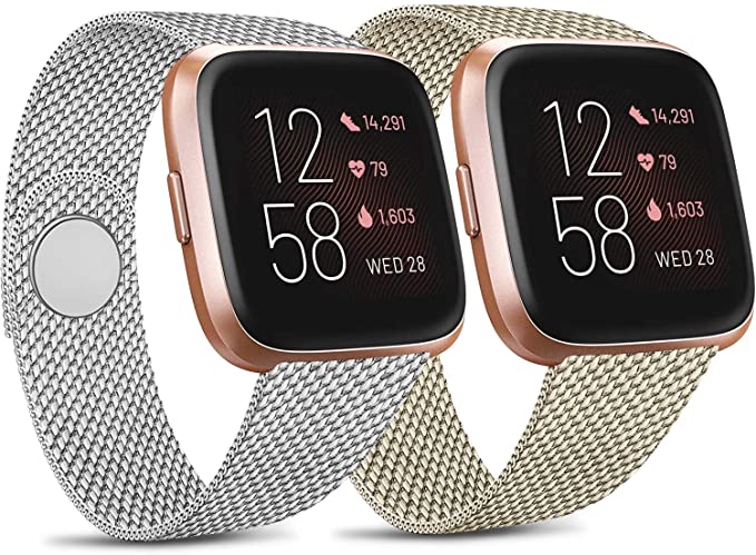 Pack 2 Metal Loop Bands Compatible for Fitbit Versa 2 / Fitbit Versa SE/Fitbit Versa Lite, Stainless Steel Mesh Breathable Wristband with Adjustable Magnet Lock (Silver   Champagne Gold, Large)