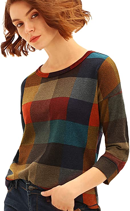 Ashir Aley Womans Plaid Shirt Petite-Tops-for-Women 3/4 Sleeve Plaid Tops Pullover Shirts Color Block