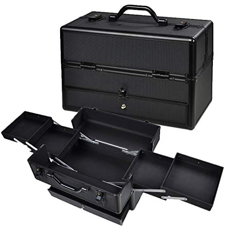 AW Aluminum Cosmetic Makeup Train Case Lockable ABS Storage Organizer Box with Drawer Trays Black 14X7X9"