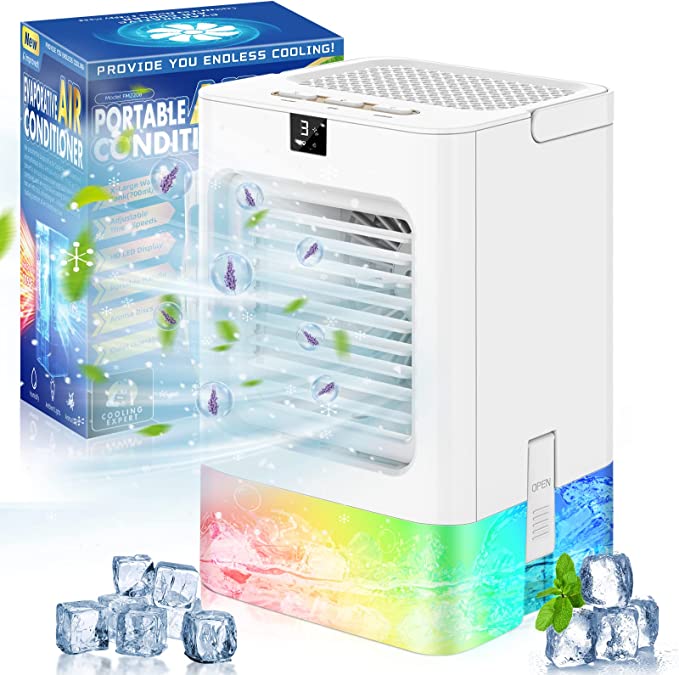 Portable Air Conditioner with 7 Color Lights, 700ml Evaporative Air Cooler Powerful 3 Speeds Adjustment Hd Display Personal Air Conditioner for Bedroom, Office Desk, Living Room, Outdoors & More