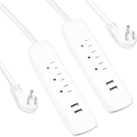 2 Pack of Surge Protector Power Strips with 2 USB Ports, 3 Electrical Outlets & 6 Ft White Extension Cord, 13A/1625W, ETL Listed