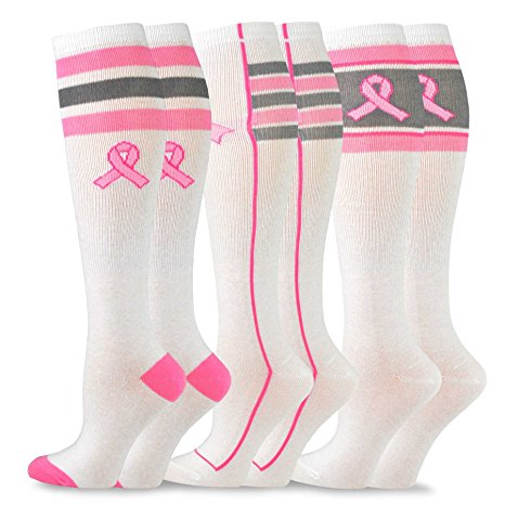 TeeHee Breast Cancer Awareness Cotton Knee High Socks for Women 3-Pair Pack