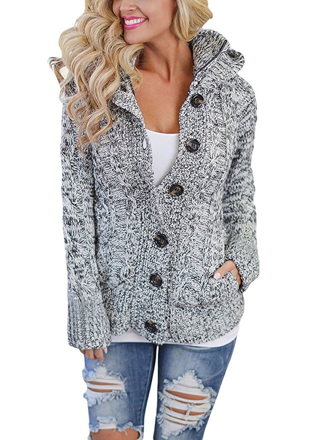 Annflat Women's Hooded Cable Knit Button Down Cardigan Fleece Sweater Coat