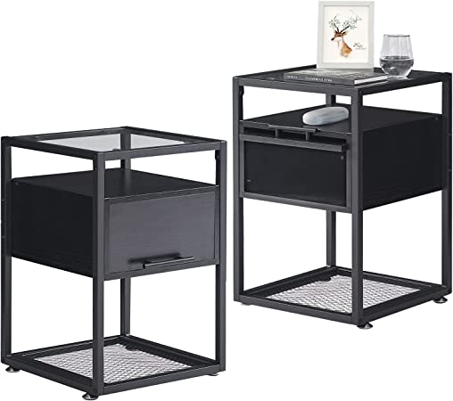 VECELO Nightstand,End Table with Flip Drawer,Open Storage Shelf and Stable Steel Frame, Tempered Glass Bedside Furniture Night Stands for Bedroom, Living Room,Set of 2, Black