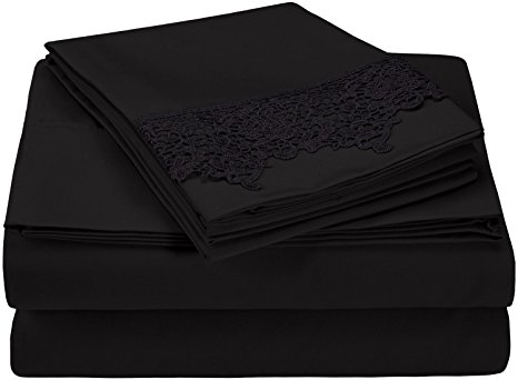 Super Soft Light Weight, 100% Brushed Microfiber, California King, Wrinkle Resistant, 4-Piece Sheet Set, Black with Regal Lace Embroidery Pillowcases in Gift Box