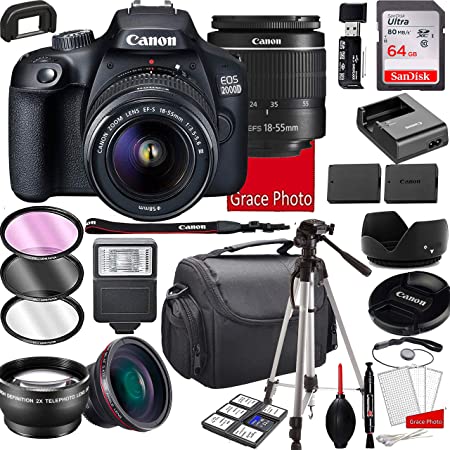 Canon EOS 2000D (Rebel T7) DSLR Camera with 18-55mm f/3.5-5.6 Zoom Lens , 64GB Memory,Case, Tripod and More (28pc Bundle)