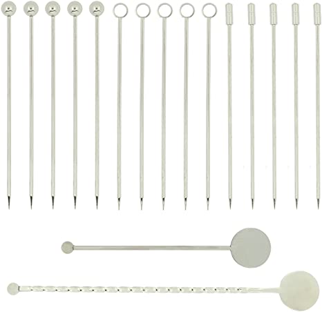 TIMGOU 15 Pack Stainless Steel Cocktail Picks with 2 Mixing Sticks, Martini Picks Fruit Sticks 4.3 inch 3 Style with Swizzle Stick