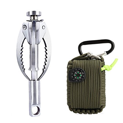 Semi automatic Grappling Hook and 29pcs Paracord Emergency Survival Kit ,With 3 Folding Sawtooth Claws , Load 350kg， Outdoor Folding Carabiner for Climbing Hiking, or Tree Limb Removal