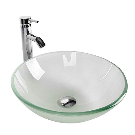 Tempered Glass Vessel Bathroom Vanity Sink Round Bowl, Chrome Faucet  Pop-up Drain Combo, Frosted