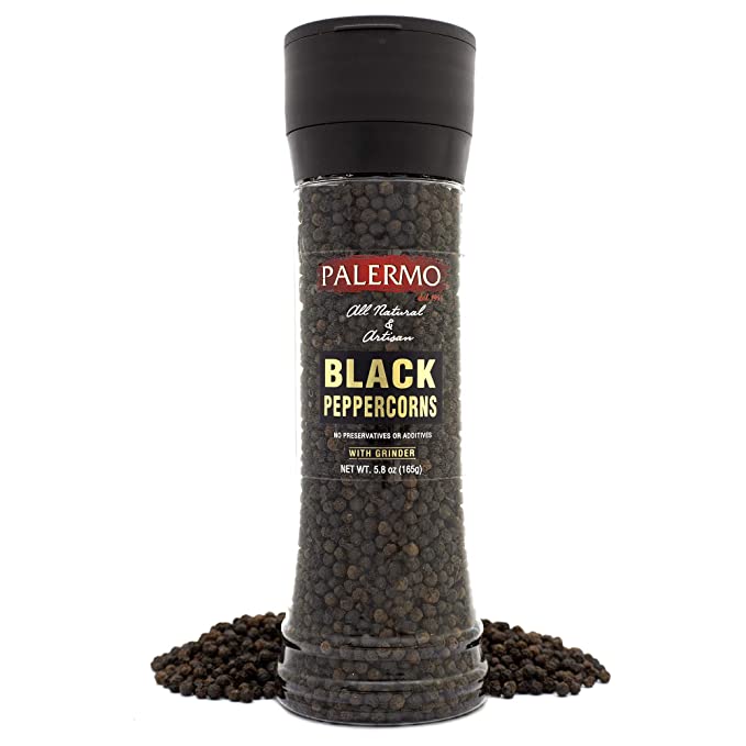 Palermo Black Peppercorn with Grinder, Kosher, All Natural, No Additives, 6oz