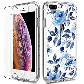 iPhone 8 Plus Case, iPhone 7 Plus Case with Screen Protector, LUHOURI Clear Girls Women Slim Fit Protective Hard Case with Soft TPU Bumper Silicone Cover Phone Case for iPhone 8 Plus / 7 Plus, Blue
