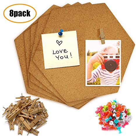 JUSONEY Hexagon Cork Board Tiles 8 Pack with Full Sticky Back - Mini Wall Bulletin Boards, Pin Board-Decoration for Pictures, Photos, Notes - Bonus 20 Push Pin Clips and 35 Multi-Colored Push Pins