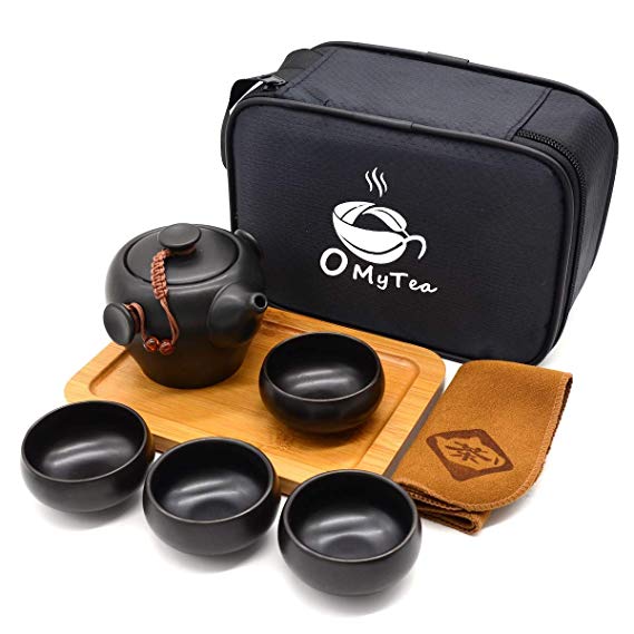 OMyTea 100% Handmade Chinese/Japanese Vintage Kungfu Gongfu Tea Set - Porcelain Teapot & Teacups & Bamboo Tea Tray & Tea Mat with a Portable Travel Bag (Black 2)