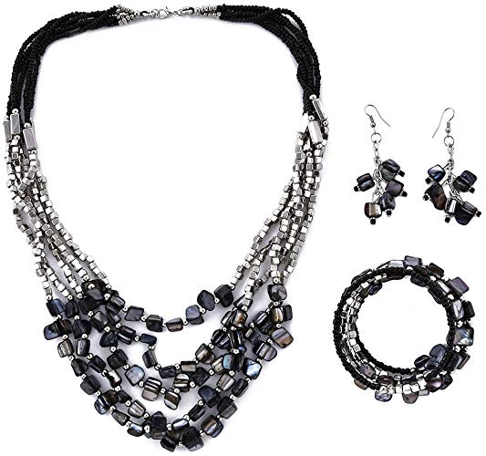 Shop LC Delivering Joy Handmade Coastal Stainless Steel Earrings Wrap Bracelet Multi Strand Necklace 22" Jewelry Set for Women (Beige/Black/Red/Blue)