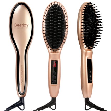 Bestidy Hair Brush Straightening Hair Straightener Electric Heating Ceramic Comb Hair Care, 30-min Auto Shut Off Protection Features, LCD Display & Push Button Temperature Change（450℉/230℃) (Golden)
