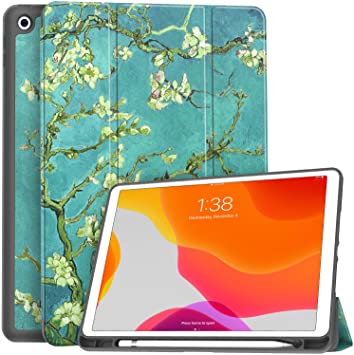 Soke New iPad 10.2 Case with Pencil Holder for iPad 9th Generation 2021/8th Gen 2020/7th Gen 2019- Premium Shockproof Case with Soft TPU Back Cover & Auto Sleep/Wake for iPad 10.2 Inch,Apricot Blossom