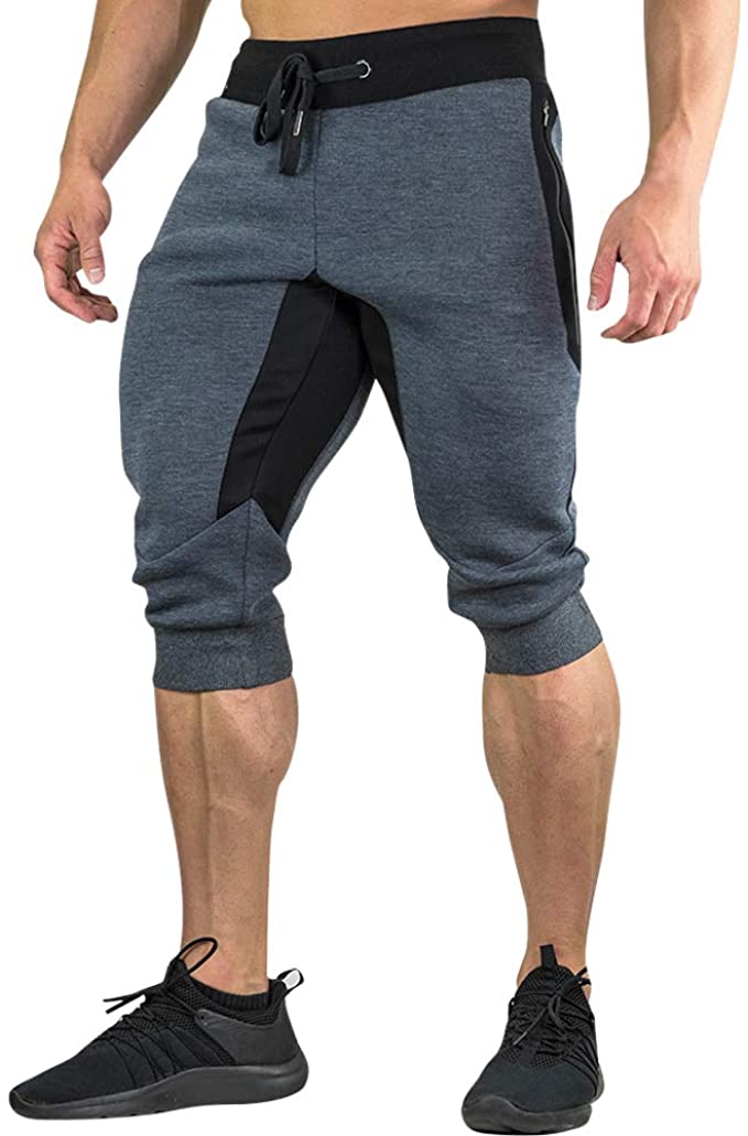 MECH-ENG Men's 3/4 Joggers Pants Workout Gym Capri Shorts Zipper Pockets