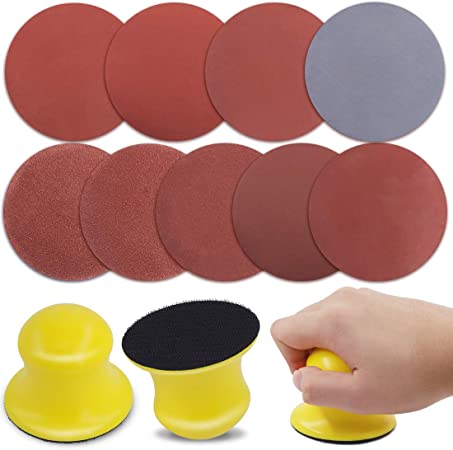 Glarks 92Pcs 3 Inch Hook and Loop Hand Sanding Block Round Sanding Pad Hook Backing Plate with 90Pcs Hook and Loop Sanding Disc Set for Craft, Woodworking, Furniture Repairing (3 Inch)