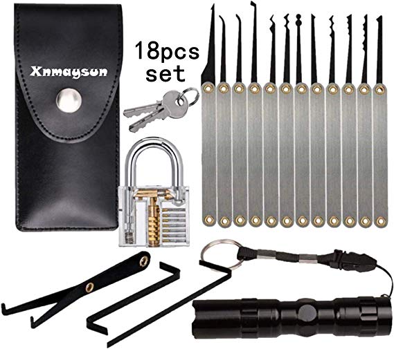 Professional Locksmith Practice Tool Lock Set Training Supplies Kit Multitool with Flashlight & Transparent Padlock for Beginners