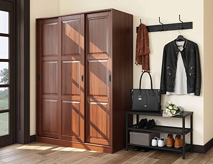 Palace Imports 100% Solid Wood Wardrobe with 3 Sliding Raised Panel Doors, Mocha. 5 Shelves Included. Additional Large Shelves Sold Separately.