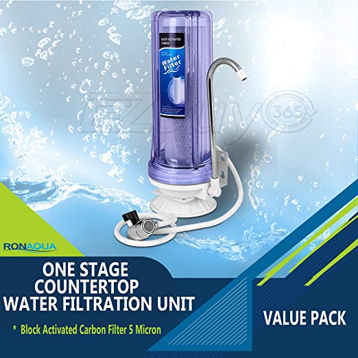 Ronaqua One Stage Countertop Drinking Water Filtration System Removes Chlorine with Block Activated Block Filter, Transparent Housings