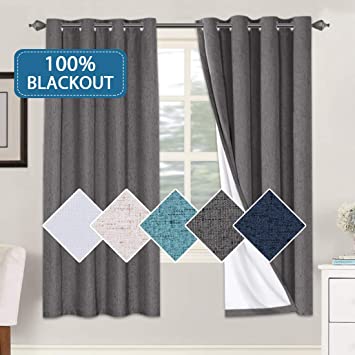 H.VERSAILTEX Linen Textured 100% Blackout Curtain for Bedroom Room Darkening Window Drapes for Living Room, Thick Curtains Thermal Insulated White Liner 2 Panels (52 x 72 Inch, Grey)